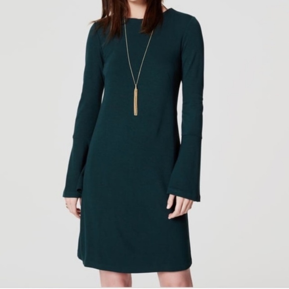 Ann Taylor LOFT Bell Sleeve Dress Forest Emerald - Picture 1 of 6